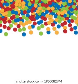 Abstract Background Design Of Colored Circles With Shadow, Red, Blue, Green And Yellow Confetti On White Background