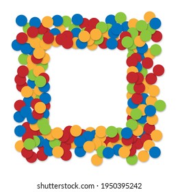 Abstract background design of colored circles with shadow, red, blue, green and yellow on a white backdrop, frame