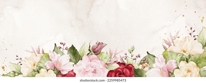 Abstract background design with colorful rose flowers bouquet on beige stains. Suitable for Valentine's Day decorations, banners, headers; wedding, card, or web.