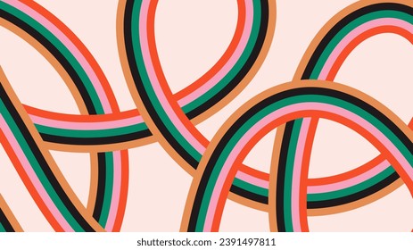 Abstract background design with colorful wavy lines in retro 60s-70s style. Cool groovy backdrop. Trendy cartoon banner template. Vector illustration.