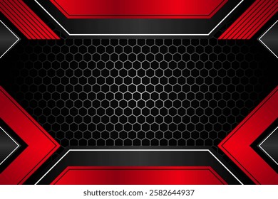 Abstract background design with composition is hexagon, diagonal, triangle, and trapezoid shape. Vector illustration on horizontal layout use red, black, and white color on elements