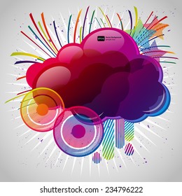 Abstract background with design elements. Cloud for your text, stars, speakers, raindrops. Vector illustration.