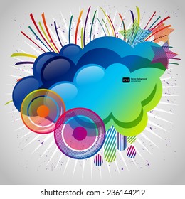 Abstract background with design elements. Cloud for your text, stars, speakers, raindrops. Vector illustration.