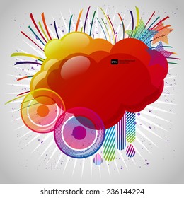 Abstract background with design elements. Cloud for your text, stars, speakers, raindrops. Vector illustration.