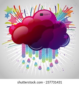 Abstract background with design elements. Cloud for your text, stars, raindrops. Vector illustration.