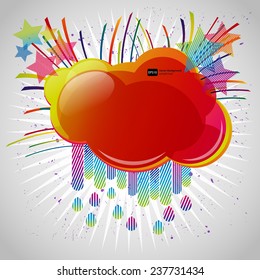 Abstract background with design elements. Cloud for your text, stars, raindrops. Vector illustration.