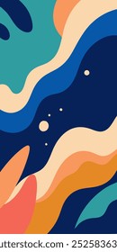 Abstract background design featuring colorful, fluid shapes and wavy patterns, perfect for modern and minimalist interior design, branding, and website backgrounds.
