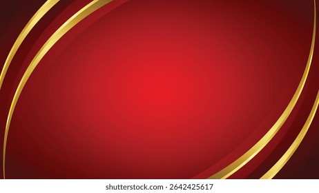 Abstract background design featuring a deep red backdrop with two elegant golden curved lines framing the central area. The gradient shading adds depth and sophistication. Ideal for presentations