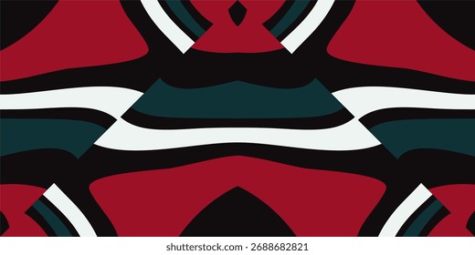 An Abstract Background Design Featuring Symmetrical Red Black Teal and White Wavy Shapes and Forms.