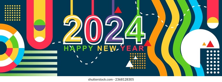 Plantilla geométrica de diseño de fondo abstracto 2024 feliz año nuevo. Feliz año nuevo banner vectorial banner con moderno arco iris geométrico. plantilla de ilustración de vector