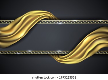 Abstract background for design. Gold draped fabric on a dark background with gold decor.