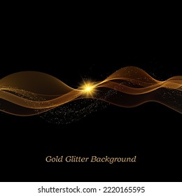 Abstract background design, golden wave glitter, golden wave lines on black background