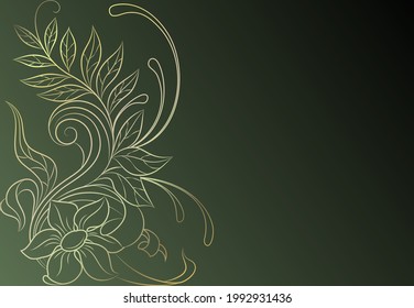 Abstract background for design. Green background with golden floral pattern.