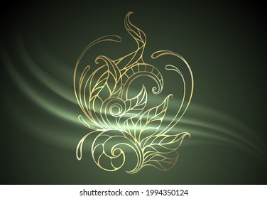 Abstract background for design. Green background with golden floral pattern.
