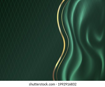 Abstract background for design. Green background with rhombuses, draped fabric and flowing gold lines.