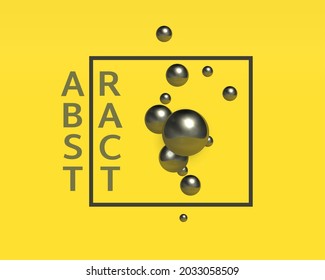Abstract background design. Group of black chrome realistic balls with highlights and reflections with a frame on a yellow. From the left creative inscription ABSTRACT. Digital 3d vector illustration