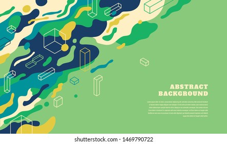 Abstract background design with hand drawn fluids and isometric objects. vector illustration.