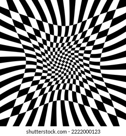 Abstract background design monochrome motion illusion checkered black and white torsion twisted backdrop.