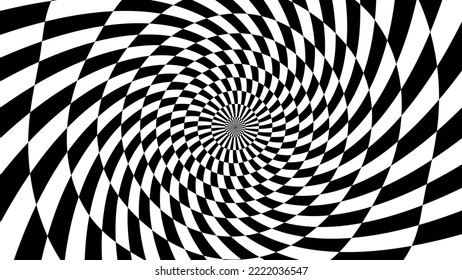 Abstract background design monochrome motion illusion checkered black and white torsion twisted backdrop, banner.