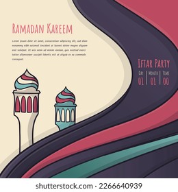 Abstract background design with mosque minaret in hand drawn design for ramadan kareem