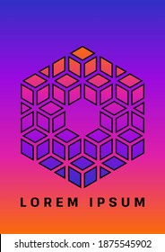 Abstract background design in neon colors. Modern geometric poster with hexagon and isometric cubes. Vertical banner. Vibrant color gradients. Blue, violet and pink background. Vector illustration.