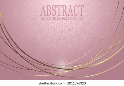Abstract background design in pink colors. Mandala pattern in a frame of flowing golden lines.