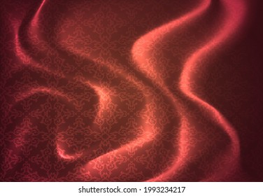 Abstract background for design. Red draped fabric with a vintage pattern.