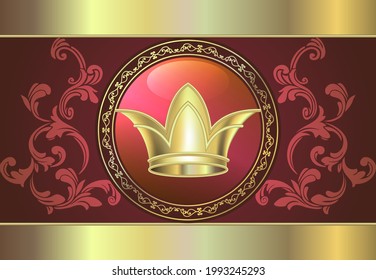 Abstract background for design. Red vector background with vintage gold pattern and crown.