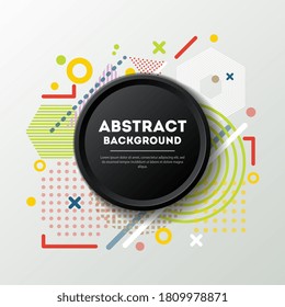 Abstract background design. Round frame with copy space on background with abstract geometric shapes pattern in Memphis style. Banner, poster template vector illustration