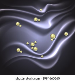 Abstract background for design. Satin, dark draped fabric with gold beads.