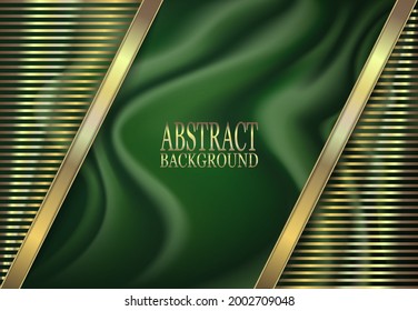 Abstract background for design. Satin, green draped fabric with gold decor.