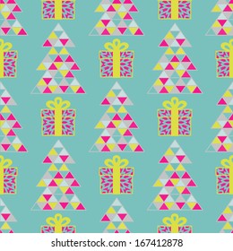 Abstract Background For Design. Seamless Pattern With Christmas Tree And Gift Boxes