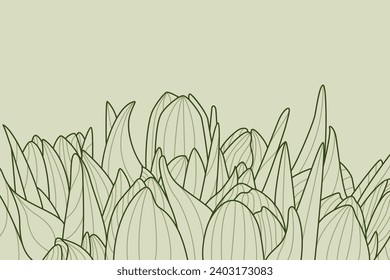 abstrakte Hintergrunddesign-Vorlage mit Tulpenblumenschmuck im Linienstil im Unterbereich. mehrfarbige flache grüne Farben in horizontaler Anordnung.