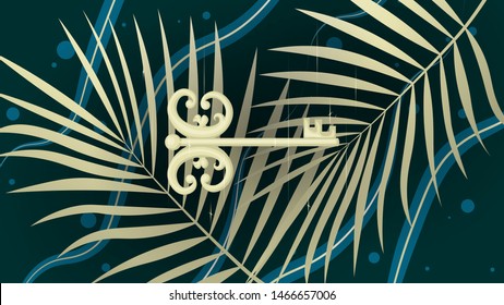 Abstract background design. Vector illustration of golden, vintage key. Dypsis lutescens gold leaves. Blue wavy lines. Eps10 vector.