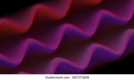 Abstrakter Hintergrund von diagonalen Linien gebogen in einem Sinusoid. Lange glatte Welle im Weltraum. Unterschiedliche Dicke simuliert Volumen. Streifener Hintergrund für die Präsentationsseite. Kreative moderne Linienstruktur.