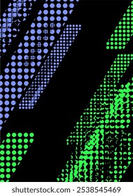 Abstract background with diagonal stripes of green and blue polka dots on black.