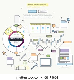abstract background with different elements. Stock market analysis, finance. Flat style. Global economy. Forex trading tips. Futures market trading. Application for finance and asset trading