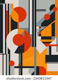 Abstract background with different geometric shapes of different colors, such as gray and orange, balls squares lines. Vector graphc, EPS10