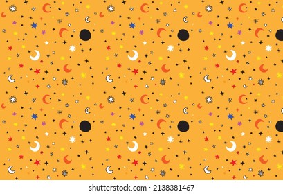 Abstract background with different shapes - stars, moon, dots, lines. Bright and colorful. vector pattern.
