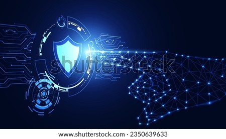 Abstract background digital concept hand is pointing cyber security shield anti virus malware spy protection cyber theft security On a blue-black background