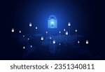 Abstract background digital concept world map padlock cybersecurity anti virus malware spy protection cyber theft security On a blue-black background