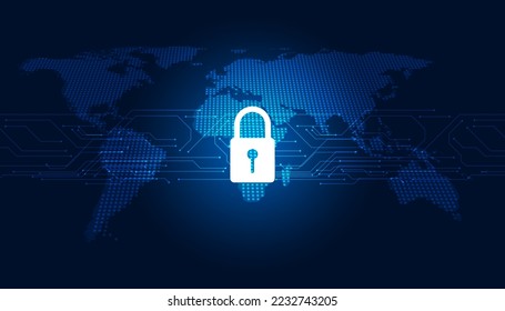 Resumen de fondo concepto digital mundo mapa bloqueo ciberseguridad antivirus malware protección contra espía seguridad cibernética En un fondo azul negro