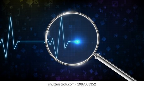fondo abstracto del monitor digital de ondas de pulso de latido de electrocardiograma con lupa