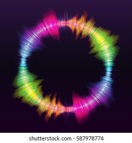 Abstract background. Digital energy sound music equalizer round circle with colored rainbow lights backdrop. Good for poster, flyer, banner. Vector illustration.