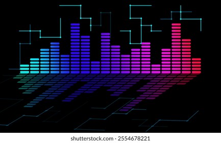 Abstract background, digital equalizer bar graph, digital graphic illustration, frequency graph, sound wave, gradient color bar.