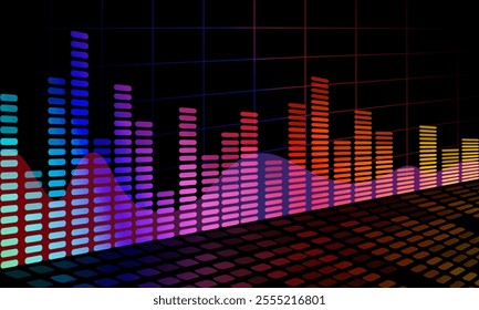 Abstract background, digital equalizer bar graph, digital graphic illustration, frequency graph, sound wave, gradient color bar.