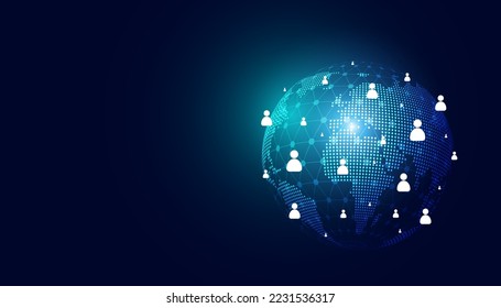 fondo abstracto personas digitales y el concepto de icono del globo mundial comunicación personas en todo el mundo red social de noticias en línea sobre un fondo negro y azul.