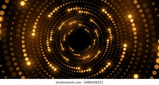 Abstract background of digital swirling circles. Futuristic vortex pattern of glowing golden hexagonal dots. Vector illustration. EPS 10