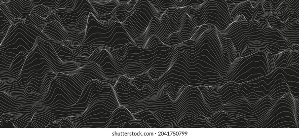 Abstract background with distorted line shapes on a black background. Monochrome sound line waves.