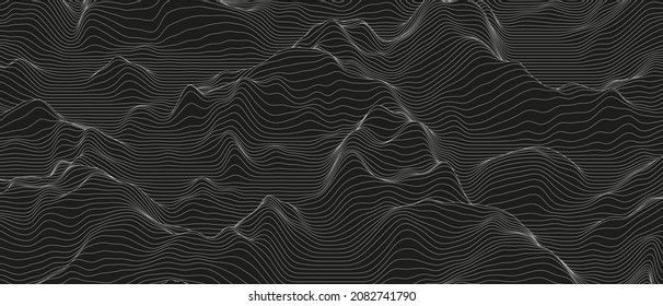 Abstract background with distorted line shapes on a black background. Monochrome sound line waves.
